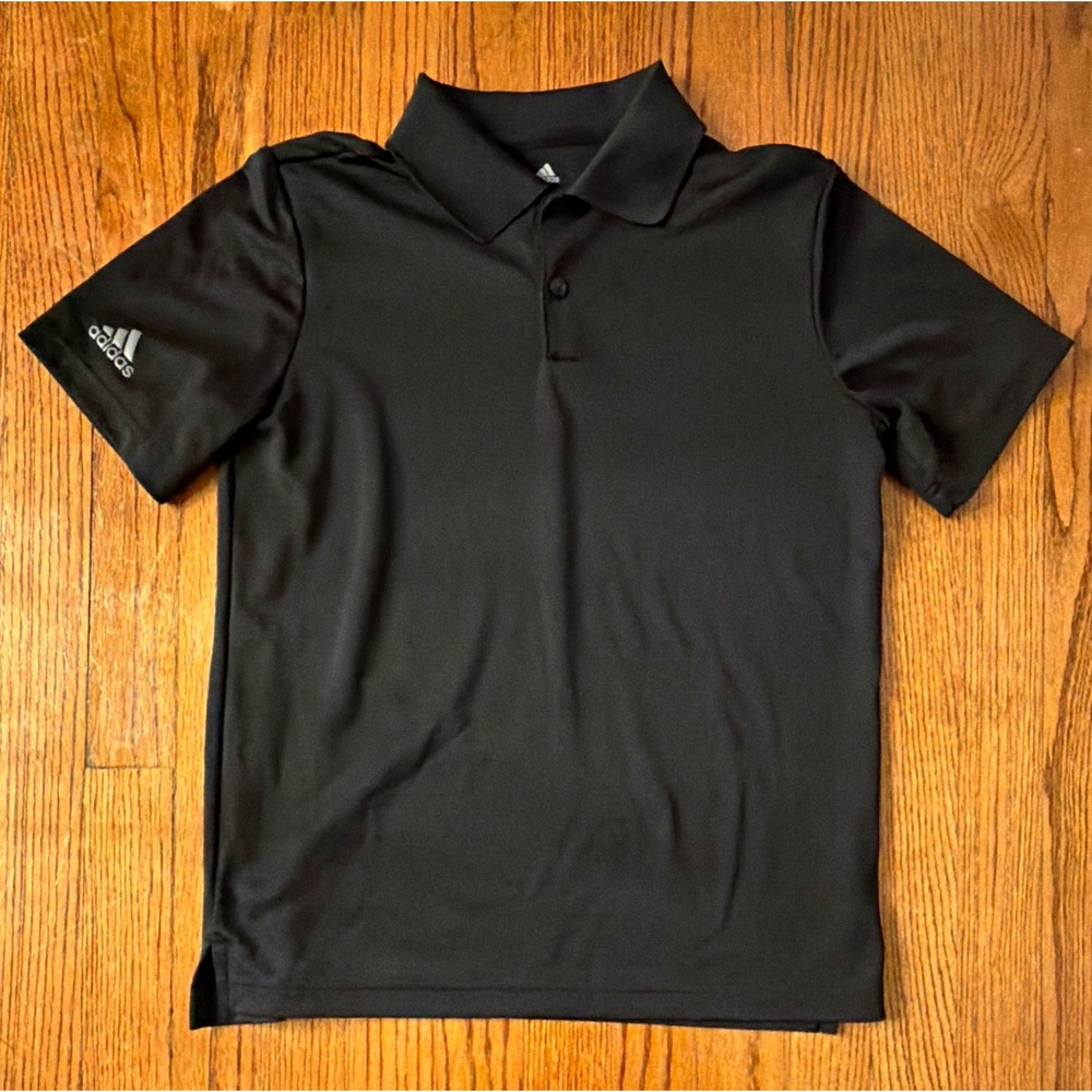 Adidas Golf Boy's L Black Short Sleeve Polo Shirt Solid Collared Logo